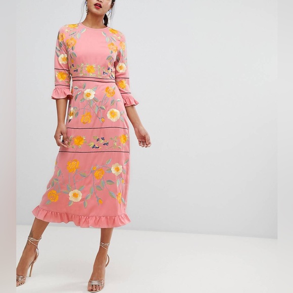 ASOS Dresses & Skirts - ASOS DESIGN // pink embroidered midi dress with ruffle frill cuff and sleeves